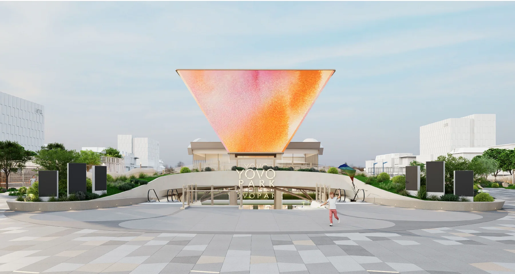 野里YOVO PARK新南广场橙色光门和南楼梯主入口效果图